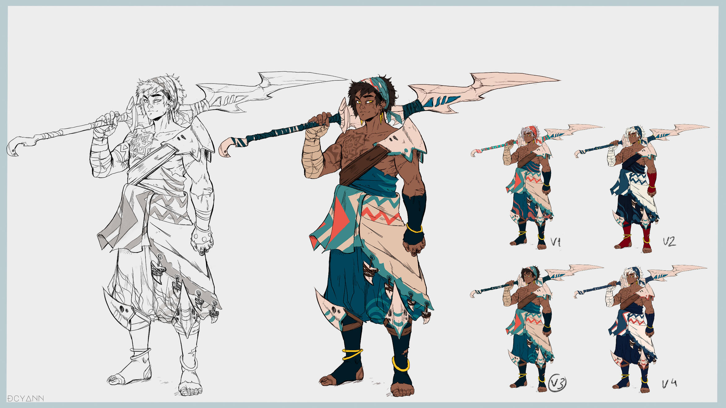 Fantasy character turnaround reference sheet